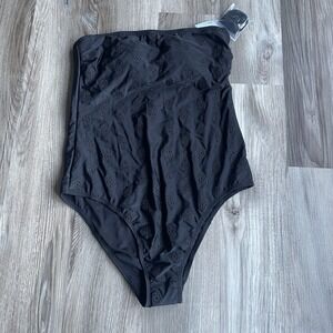Shade & Shore Black One Piece Strapless Swimsuit Eyelet Flowers Sz L‎ NWT Cheeky